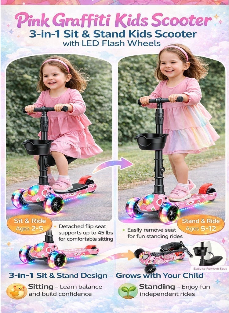 Fyliz Pink Graffiti Children's Scooter 3-in-1 Folding Flash Wheel 2-12 Year Old Boys and Girls Can Ride on Children's Wheel - Image 2